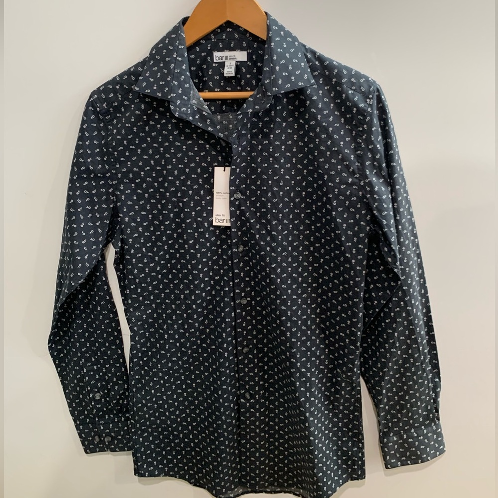 Bar III Navy Patterned Button Down Shirt size S men. NWT
